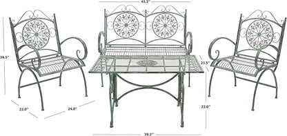 SAFAVIEH Outdoor Collection Sophie Victorian Scroll Antique Dark Green Wrought Iron 4-Piece Patio Set