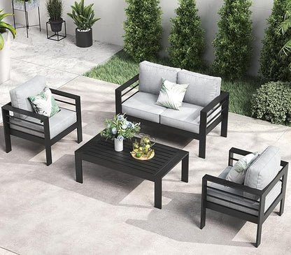 LayinSun Outdoor Aluminum Furniture Set, 4 Pieces Patio Sectional Conversation Chat Sofa Modern Seating Set with Coffee Table