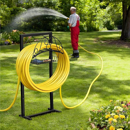 Skypatio Garden Hose Holder with Basket, Metal Water Hose Holder Holds 150ft Hose, Freestanding Hose Storage Stand with 4 Stakes, Rust-Resistant Heavy Duty Hose Hanger for Outside