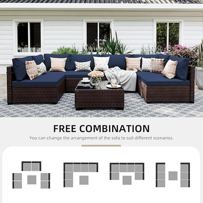 UPHA 7 Pieces Patio Furniture Sets Outdoor Sectional Sofa Wicker Conversation Couch for Decks, Backyards, Gardens, Brown Rattan, Navyblue Cushion