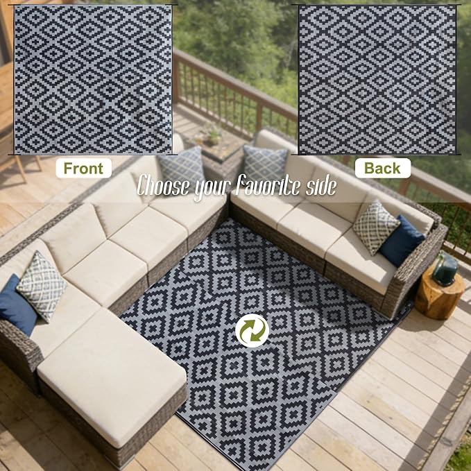 SAND MINE Waterproof Outdoor Rug, Plastic Reversible Rug, Modern Area Rug, Large Floor Mat for Outdoors, RV, Patio, Backyard, Deck, Picnic, Beach, Camping (10' x 10', Black Grey Lattice)