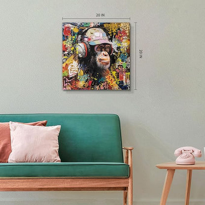 Modern Pop Art Monkey Canvas Wall Art, Street Graffiti Gorilla Canvas Painting, Abstract Banksy Listening To Music Monkey Posters Wall Art Living Kids Room Home Decoration, Ready to Hang 20 x20 IN