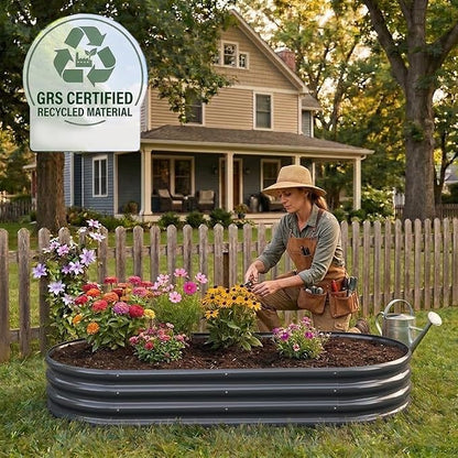 Rakukiri Raised Garden Bed GRS Certified Galvanized Planter Box Outdoor, 6.5ft Oval Rot-Resistant Metal Garden Bed Planter, Recycled Material Planter for Vegetables Flowers Herbs (Grey)