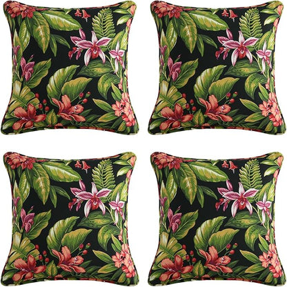 Outdoor Decorative Pillows Pack of 4, 18" x 18" Outdoor Pillow Set for Couch Bed Throw Patio Sofa, Red Flower Green Leaf