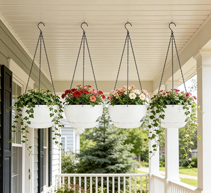Set of 4-8 Inch Self Watering Hanging Planters for Indoor Outdoor，Hanging Plant Pots with Drainage & Removable Tray, Hanging Pots Holder for Ivy, Pothos, Ferns, Balcony & Patio, White