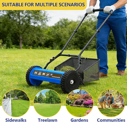 18-Inch Reel Lawn Mower with Grass Catcher and Tool-Free Blade Adjustment, 5-Blade Manual Push Lawn Mower, 5-Position Height Adjustable
