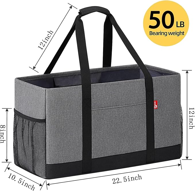 Extra Large Utility Tote Bag, Foldable Reusable Grocery Bags, Collapsible Tote with Metal Wire Frame & Reinforced Bottom Board, Stand up Large Utility Tote for Groceries, Shopping, Storage