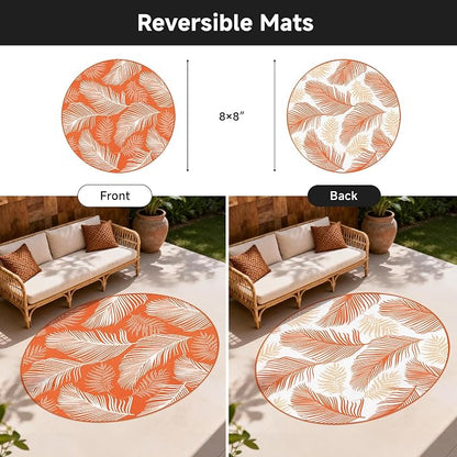 Pauwer Waterproof Outdoor Rug 8ft, Reversible Plastic Straw Patio Camping Rug, Indoor Outdoor RV Mat Carpet for Deck, Camper, Porch, Balcony, Backyard, Picnic, Leaf Orange