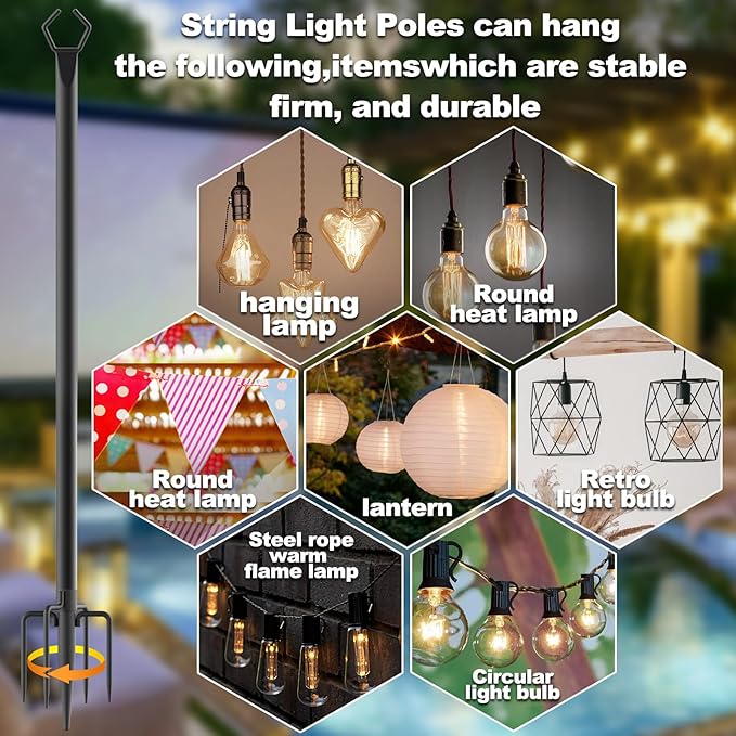 7 Pack 10 ft Heavy Duty Metal String Light Poles Adjustable Outdoor Lighting Stand for Patio,Backyard,Garden,Party & Wedding Rustproof & Sturdy with Hooks