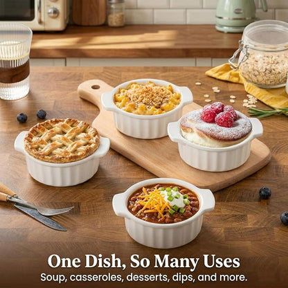 12 oz Ramekins Oven Safe, French Onion Soup Bowls with Handles, Ceramic Small Baking Dishes for Crème Brûlée, Soufflé, Pot Pie & Mini Casserole, Set of 4