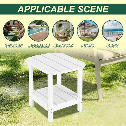 LZRS 2-Tier Patio Side Table, Heavy Duty HDPE Outdoor End Table with Wood Texture, Weatherproof Composite Table for Adirondack Chairs, Deck, Pool, Indoor/Outdoor, No Peeling Cracking(White)