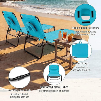 GYMAX Tanning Chair, 330lbs Beach Lounge Chair with Face Hole, Washable Pillow & Carry Strap, Adjustable Folding Chaise Lounge, Layout Lounger for Outside, Patio, Poolside, Lawn (2, Arctic)