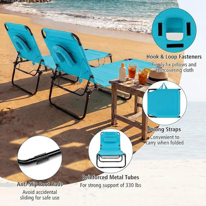 Folding Beach Lounge Chair w/ 5 Adjutable Backrest & Padded Pillow, Sunbathing Lounger Chair, Sun Tanning Lay Flat Chair for Seaside Pool Deck, Max Load 330 LBS, No Assembly Required (Navy)