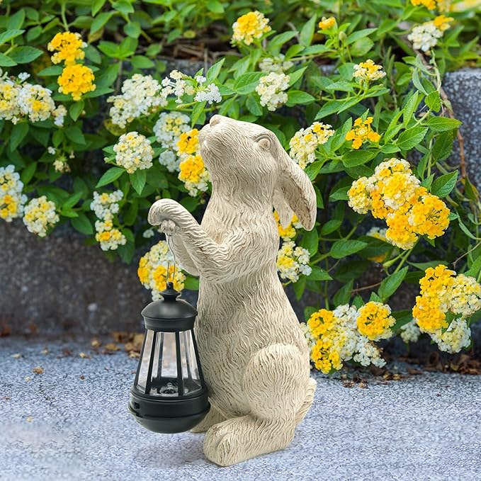 Garden Statues Rabbit with Solar Lights- Bunny Figurine Outdoor Rabbit Fall Decor for Home Lawn,Balcony-Yard Art Garden&Patio Whimsical Decor,Unique Housewarming&Birthday Gifts for Women Mom