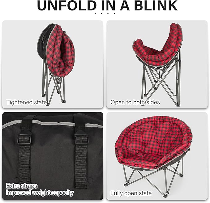 Oversized XXL Folding Round Camping Chair,Super Comfy Padded Moon Camp Chairs,Heavy Duty Supports 200 Kg Outdoor Lawn Chairs for Adults,Perfect for Indoor,Family Camping,Hiking,Picnics and Garden