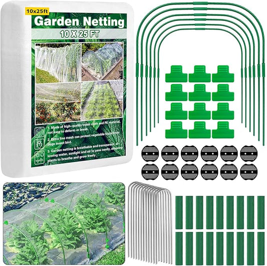 Unves 67 Pcs Garden Netting Kit, 10x25 Ft Ultra Mosquito Bird Netting with 6 Hoops & 12 Clips, Fruit Tree Netting for Patio Raised Beds Vegetable Flowers Protection Barrier Plant Covers Net