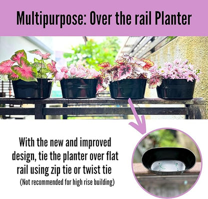 LaLaGreen Window Boxes Planters (5 Pack, 9.8 Inch) Small and Cute Black Metal Iron Hanging Flower Pots, Deck Railings Outdoor Fence Buckets Boho Style Wall Mount Plant Holder Hooks Porch Garden Decor