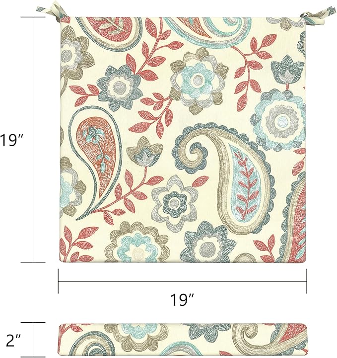 LVTXIII Outdoor Chair Cushions 19"x19"x2" Pack of 2, Water-Repellent Square Corner Memory Foam Seat Cushions with Ties for Garden Patio Furniture,Paisley Vintage