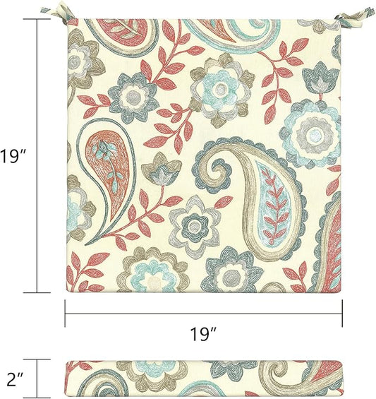 LVTXIII Outdoor Chair Cushions 19"x19"x2" Pack of 2, Water-Repellent Square Corner Memory Foam Seat Cushions with Ties for Garden Patio Furniture,Paisley Vintage