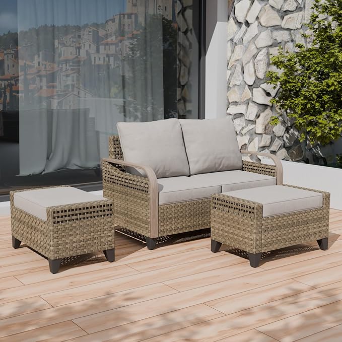 COOS BAY Modern Wicker Outdoor Furniture Set, Patio Conversation Set with 2 Seat Loveseat, and Ottomans, 3 Piece, Brown/Gray