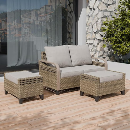 COOS BAY Modern Wicker Outdoor Furniture Set, Patio Conversation Set with 2 Seat Loveseat, and Ottomans, 3 Piece, Brown/Gray
