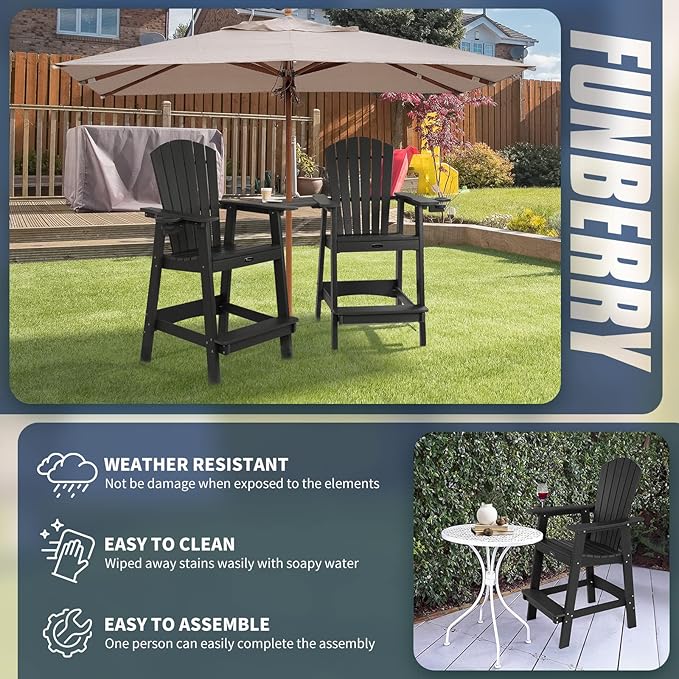 FUNBERRY Tall Adirondack Chairs Set of 2 with Removable Connecting Table, All Weather High Top Balcony Chair with Cup Holders