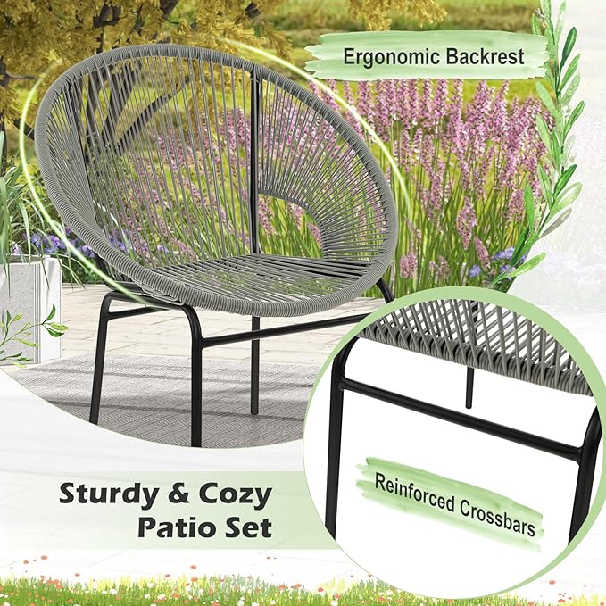 COSTWAY 3-Piece Outdoor Acapulco Chair Set, Wicker Conversation Bistro Sets with Plastic Rope, Glass Top Table, Patio Rattan Furniture Set for Garden, Balcony, Lawn, Backyard, Apartment, Grey
