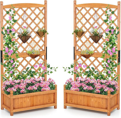 Giantex Raised Garden Bed with Trellis Set of 2, 60" Wooden Planter Container w/Drainage Holes, High Trellis for Plant Flower Climbing Pot Hanging, Indoor Outdoor Planter Box for Yard Garden Balcony