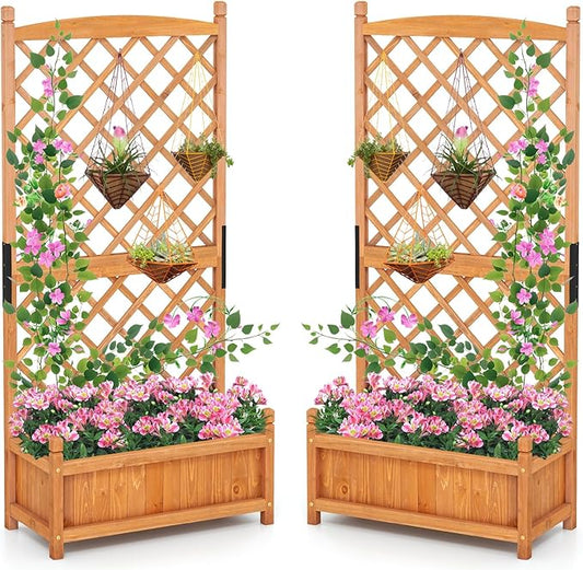 Giantex Raised Garden Bed with Trellis Set of 2, 60" Wooden Planter Container w/Drainage Holes, High Trellis for Plant Flower Climbing Pot Hanging, Indoor Outdoor Planter Box for Yard Garden Balcony