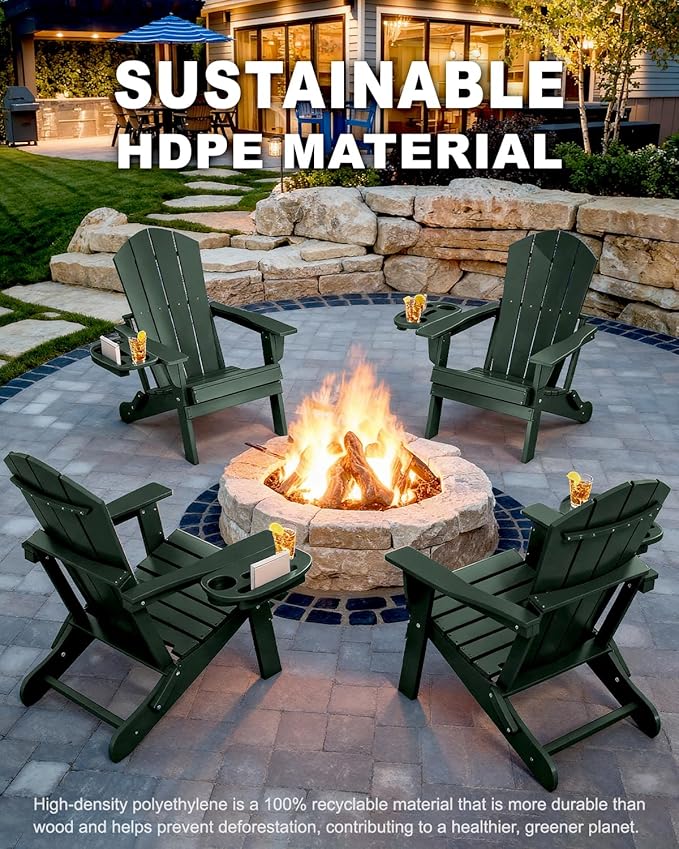 Adirondack Chair Set of 8, HDPE Folding Adirondack Chair with Multifunctional Cup Holder, Weather Resistant Fire Pit Chair for porches, patios, poolsides, Decks.