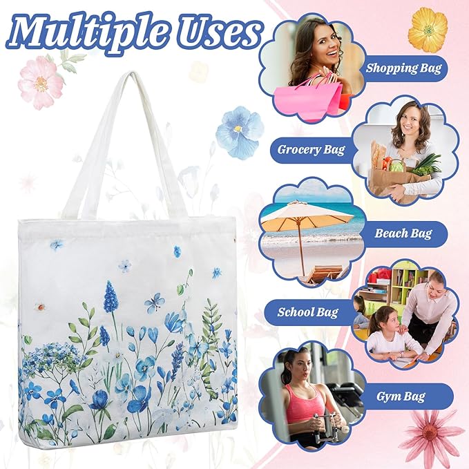 Bencailor 2 Pcs Spring Flower Canvas Tote Bags Reusable Wildflowers Herbs Plant Grocery Bags for Women Shopping Spring Gifts(Fresh)