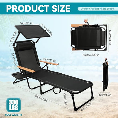 Beach Lounge Chair, Folding Outdoor Chaise Lounge Chair with Arms, 4-Position Backrest, Extended Sun Tanning Chair Pillow & Cup Holder, Patio Lounger for Outside for Beach Pool Patio Yard (Black-U)