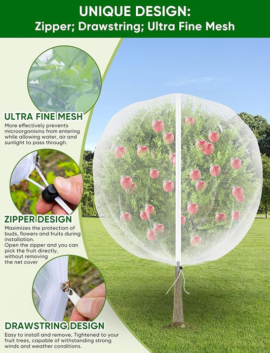 Large Fruit Trees Netting Cicadas - 2Pcs 8X5.3FT with Zipper and Drawstring,Bird Mesh Covers for Blueberry Bushes,Garden Apple Pear Peach Orange Tree Fruit Tomato Bug Plant Protection (2, 8X5.3 FT)