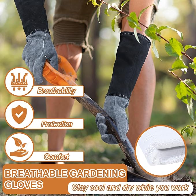 HLDD HANDLANDY Long Gardening Gloves for Women Men - Leather Rose Pruning Gloves Thorn Proof - Breathable Working Glove