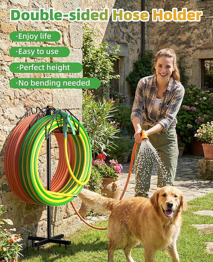 Garden Hose Holder, Double-Sided Water Hose Holder Stand Holds 2×160ft, Heavy Duty Freestanding Hose Storage Rack Hanging with Spikes, Metal Hanger for Outside Garden Yard Lawn Farm Gardening Tools