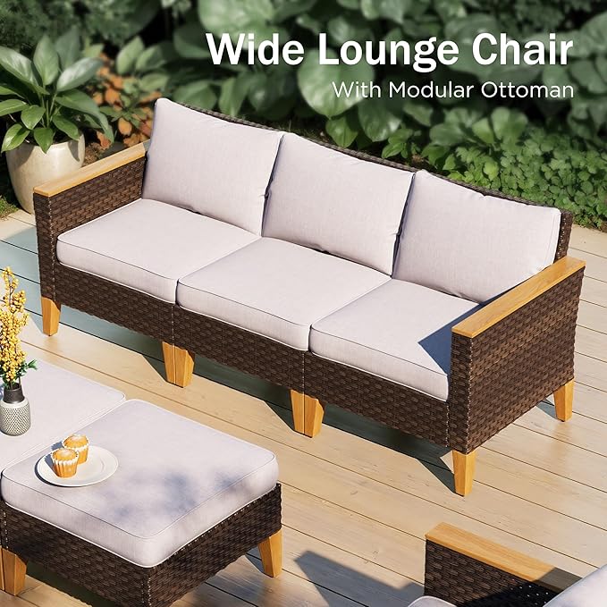 PHI VILLA Patio Sectional Wicker Furniture Set Oversize, 9-Piece Outdoor Rattan Conversation Seating Large Sofa Set for 9 Seats with Cushions, Beige