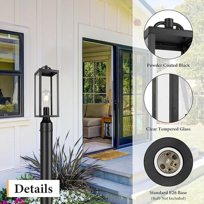 Outdoor Post Light Fixture, 16 Inch Tall Modern Exterior Square Pillar Lantern with Clear Glass, Transitional Black Pier Mount Lamp, Contemporary Pole Light for Garden, Backyard, Patio, Pathway