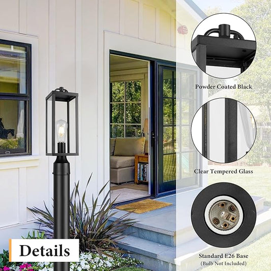 Outdoor Post Light Fixture, 16 Inch Tall Modern Exterior Square Pillar Lantern with Clear Glass, Transitional Black Pier Mount Lamp, Contemporary Pole Light for Garden, Backyard, Patio, Pathway