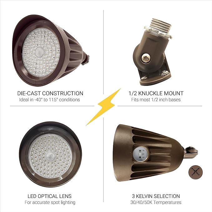 NuWatt 25W Bronze Bullet Spot Light Outdoor LED Landscape Floodlights, 3500 Lumens Bright Outdoor Light for Yard, 3000K/4000K/5000K Selectable, 1/2" Knuckle Mount, 120-277V Waterproof Flag Pole Lights