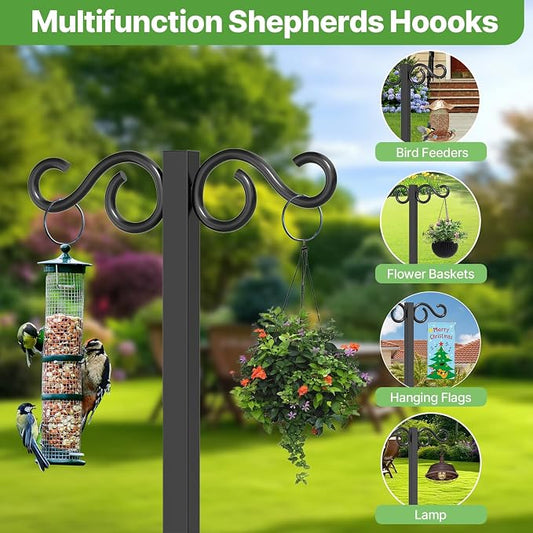 Heavy Duty Garden Hose Holder for Outside - Dual Side Hooks & Shepherd Hook - Freestanding Water Hose Holder - Holds Bird Feeders/Lights/Plants - Sturdy Hose Reel for Outside