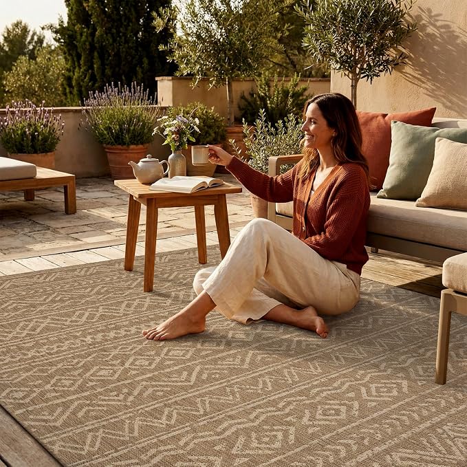MontVoo-Outdoor Rug-Patio Rug 4x6 Polypropylene Indoor Outdoor Rugs Outdoor Carpet for Patio Deck Balcony Porch, Textured Weave, Durable for High Traffic, Fade-Resistant, Boho Farmhouse Neutral Brown