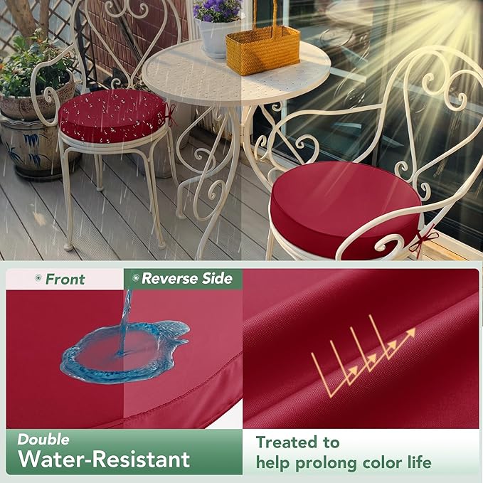Summsun Outdoor Bistro Chair Cushions Set of 2, 15" D x 3" H Round Chair Cushions Waterproof and Fade Resistant Chair Cushion Pads with Non-Slip Ties and Removable Covers for Garden, Burgundy