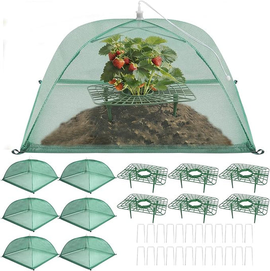 6 Sets Strawberry Plant Support with Mesh Plant Cover, Strawberry Growing Rack Kit with 24 Iron Plant Nails for Garden, Strawberry Growing Frame with Protective Net for Strawberries Tomatoes Veggies