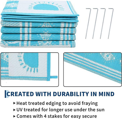 Garvee Reversible Teal Blue Outdoor Rug 8x10 for Patio, Waterproof Outdoor Area Rug, Modern Desert Botanical Indoor Outdoor Rugs, Plastic Straw Rug for RV, Camping, Deck, Cactus