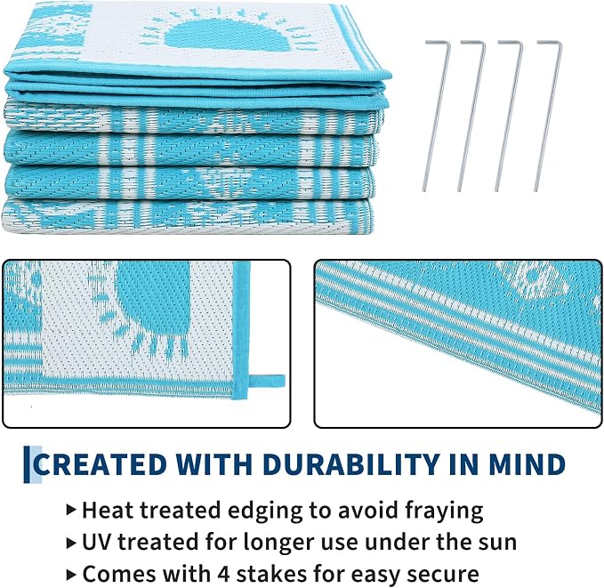Garvee Waterproof Outdoor Rug 5x8, Cactus Botanical Outdoor Plastic Straw Rug for Camping, Reversible RV Mat Outside, Indoor Outdoor Carpet for Porch, Deck, Backyard, Balcony, Teal Blue