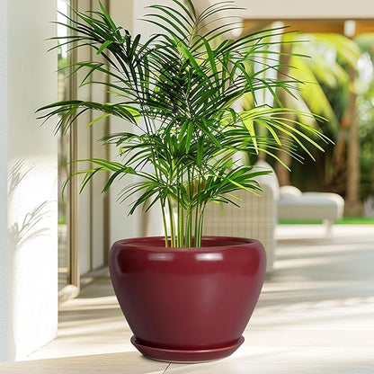 10 Inch Plant Pot - Ceramic Planter Pot with Drainage Hole and Saucer Large Planter for Indoor Plants Round Outdoor Flower Pot Mid-Century Decor Red