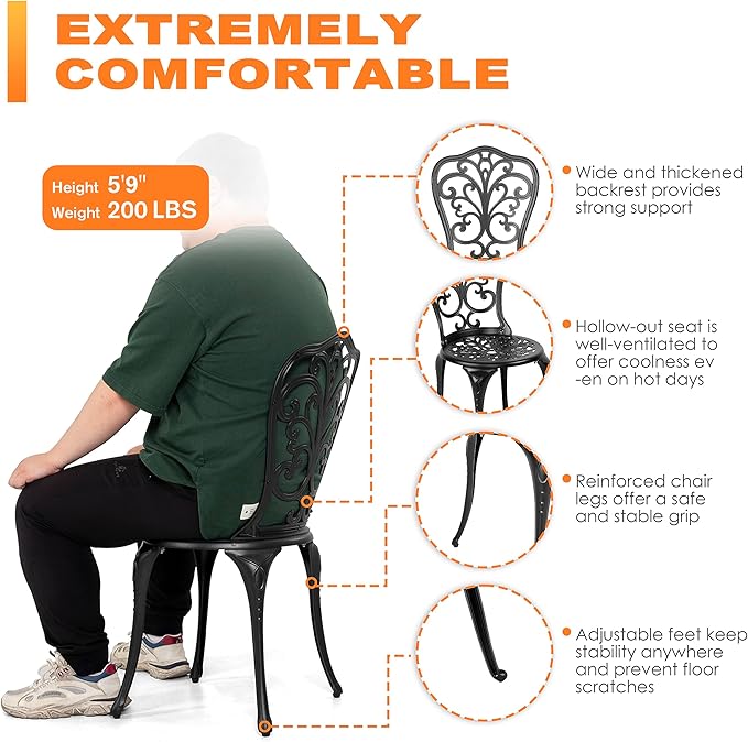 NUU GARDEN 3 Piece Outdoor Bistro Table Set, All Weather Cast Aluminum Patio Bistro Sets Patio Table and Chairs Set of 2 with Umbrella Hole for Yard, Garden, Balcony, Black