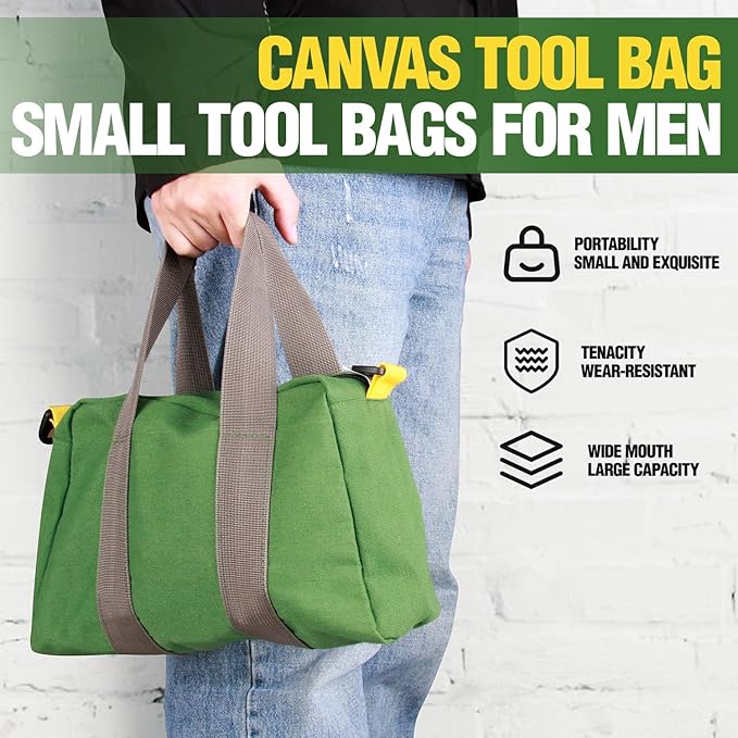 Small Tool Bag, Canvas Tool Storage Bag, Large Capacity Multipurpose Zipper Soft Tote Organizer Pouch for Electrician, Plumbing, Gardening,Tools Bags for Men (Green, 20 Inch)