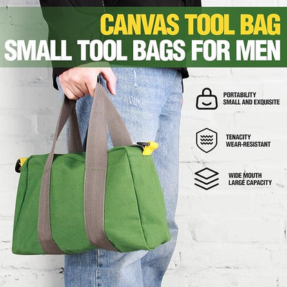 Small Tool Bag, Canvas Tool Storage Bag, Large Capacity Multipurpose Zipper Soft Tote Organizer Pouch for Electrician, Plumbing, Gardening,Tools Bags for Men (Green, 20 Inch)
