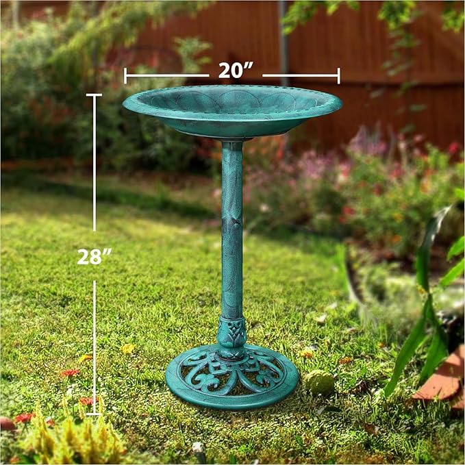 VECELO 28" Pedestal Outdoor Bird Bath for Outside, Vintage Bronze Polyresin Lightweight Antique, Yard/Garden Decoration, Green